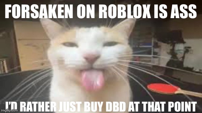 . | FORSAKEN ON ROBLOX IS ASS; I’D RATHER JUST BUY DBD AT THAT POINT | image tagged in silly cat | made w/ Imgflip meme maker