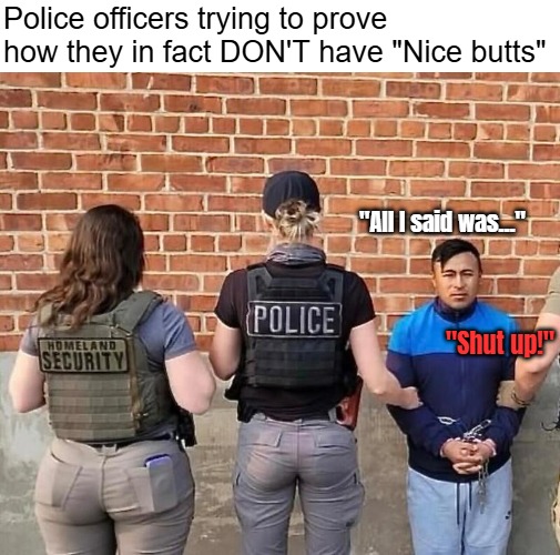 . | Police officers trying to prove how they in fact DON'T have "Nice butts"; "All I said was..."; "Shut up!" | image tagged in funny,memes | made w/ Imgflip meme maker