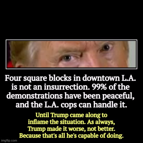 Four square blocks in downtown L.A. 
is not an insurrection. 99% of the 
demonstrations have been peaceful, 
and the L.A. cops can handle it | image tagged in funny,demotivationals,trump,california,fascist,dictator | made w/ Imgflip demotivational maker