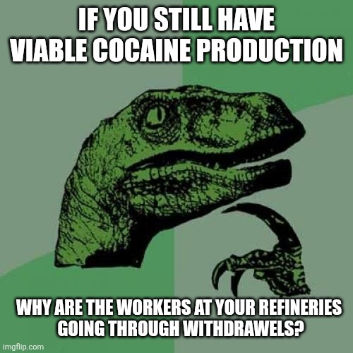 Philosoraptor | IF YOU STILL HAVE VIABLE COCAINE PRODUCTION; WHY ARE THE WORKERS AT YOUR REFINERIES 
GOING THROUGH WITHDRAWELS? | image tagged in memes,philosoraptor | made w/ Imgflip meme maker