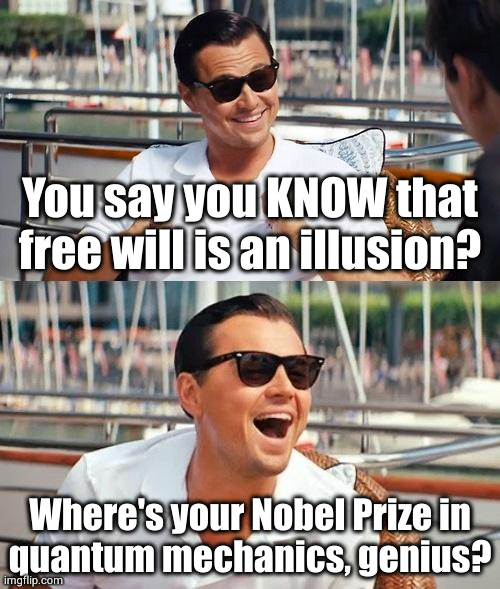 If you think you understand quantum mechanics you don't understand quantum mechanics. Determinists haven't even made it that far | You say you KNOW that free will is an illusion? Where's your Nobel Prize in
quantum mechanics, genius? | image tagged in memes,leonardo dicaprio wolf of wall street | made w/ Imgflip meme maker