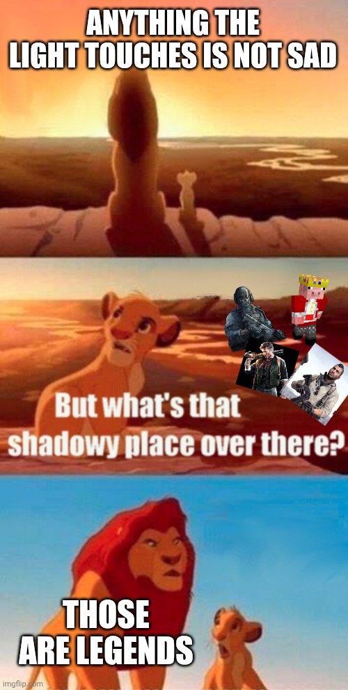 That's not a king that's a legend | ANYTHING THE LIGHT TOUCHES IS NOT SAD; THOSE ARE LEGENDS | image tagged in memes,simba shadowy place | made w/ Imgflip meme maker