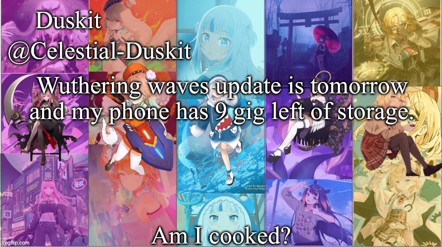 It jumped from 20 gig to 50 | Wuthering waves update is tomorrow and my phone has 9 gig left of storage. Am I cooked? | image tagged in duskit s myth temp | made w/ Imgflip meme maker