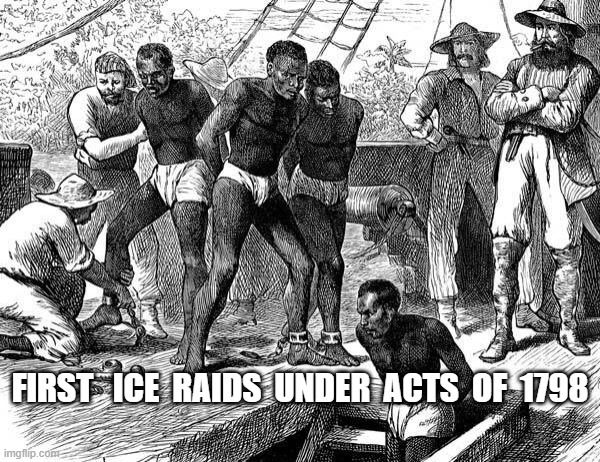 Ice, Ice Baby | FIRST   ICE  RAIDS  UNDER  ACTS  OF  1798 | image tagged in immigrants | made w/ Imgflip meme maker