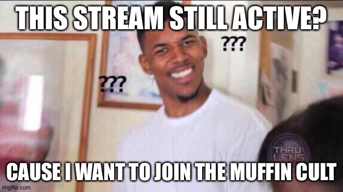 This stream still active at all? | THIS STREAM STILL ACTIVE? CAUSE I WANT TO JOIN THE MUFFIN CULT | image tagged in black guy confused | made w/ Imgflip meme maker
