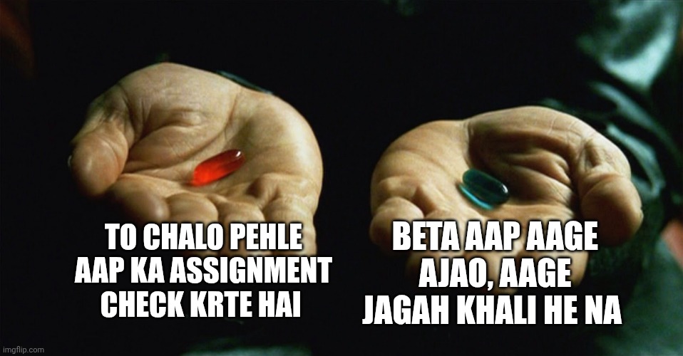 Red pill blue pill | TO CHALO PEHLE AAP KA ASSIGNMENT CHECK KRTE HAI; BETA AAP AAGE AJAO, AAGE JAGAH KHALI HE NA | image tagged in red pill blue pill | made w/ Imgflip meme maker