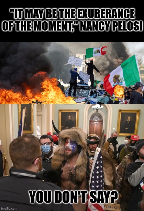 Democrats support invasion and insurrection against the USA | "IT MAY BE THE EXUBERANCE OF THE MOMENT," NANCY PELOSI; YOU DON'T SAY? | image tagged in jake angeli in capitol,la riots | made w/ Imgflip meme maker