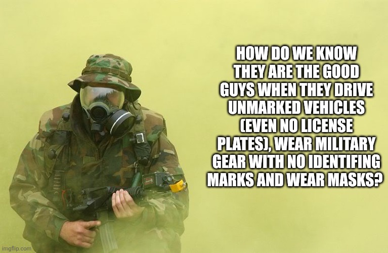 Soldier With a Gas mask | HOW DO WE KNOW THEY ARE THE GOOD GUYS WHEN THEY DRIVE UNMARKED VEHICLES (EVEN NO LICENSE PLATES), WEAR MILITARY GEAR WITH NO IDENTIFING MARKS AND WEAR MASKS? | image tagged in soldier with a gas mask | made w/ Imgflip meme maker