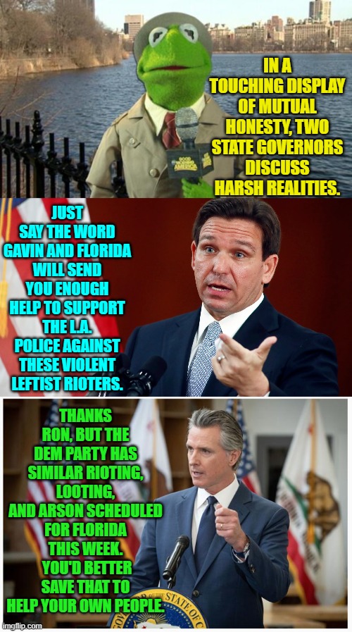 Honesty between opposition parties.  Ain't it a beautiful thing? | IN A TOUCHING DISPLAY OF MUTUAL HONESTY, TWO STATE GOVERNORS DISCUSS HARSH REALITIES. JUST SAY THE WORD GAVIN AND FLORIDA WILL SEND YOU ENOUGH HELP TO SUPPORT THE L.A. POLICE AGAINST THESE VIOLENT LEFTIST RIOTERS. THANKS RON, BUT THE DEM PARTY HAS SIMILAR RIOTING, LOOTING, AND ARSON SCHEDULED FOR FLORIDA THIS WEEK.  YOU'D BETTER SAVE THAT TO HELP YOUR OWN PEOPLE. | image tagged in yep | made w/ Imgflip meme maker