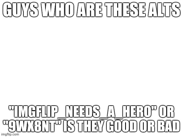 GUYS WHO ARE THESE ALTS; "IMGFLIP_NEEDS_A_HERO" OR "9WX8NT" IS THEY GOOD OR BAD | made w/ Imgflip meme maker