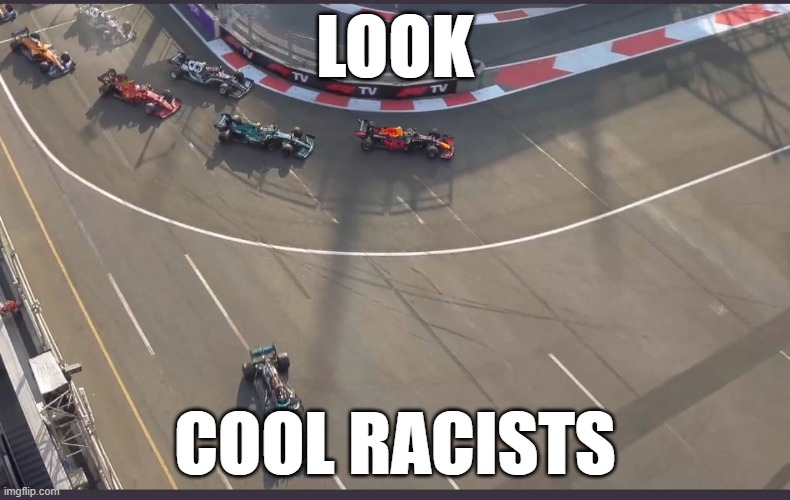 d | LOOK; COOL RACISTS | image tagged in lewis hamilton going wide | made w/ Imgflip meme maker