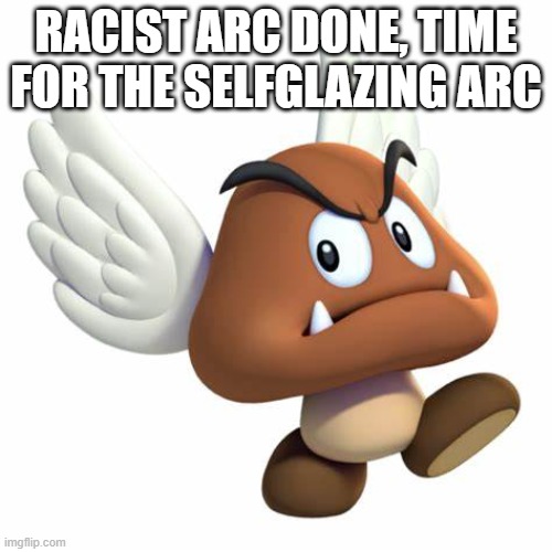 speedrunning msmg | RACIST ARC DONE, TIME FOR THE SELFGLAZING ARC | image tagged in grimnemo anouncement template | made w/ Imgflip meme maker