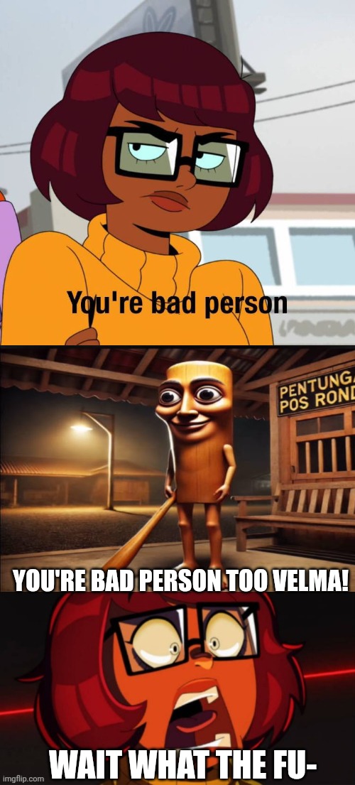 Me Ruining A Fill In Meme #83 | YOU'RE BAD PERSON TOO VELMA! WAIT WHAT THE FU- | image tagged in ruin this fill in meme 83 | made w/ Imgflip meme maker