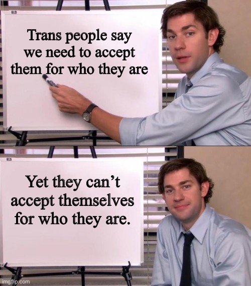 Jim Halpert Explains | Trans people say we need to accept them for who they are; Yet they can’t accept themselves for who they are. | image tagged in jim halpert explains | made w/ Imgflip meme maker