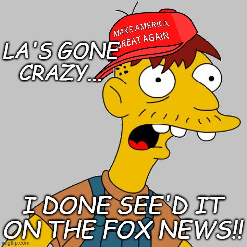 cletus | LA'S GONE CRAZY... I DONE SEE'D IT
ON THE FOX NEWS!! | image tagged in cletus | made w/ Imgflip meme maker
