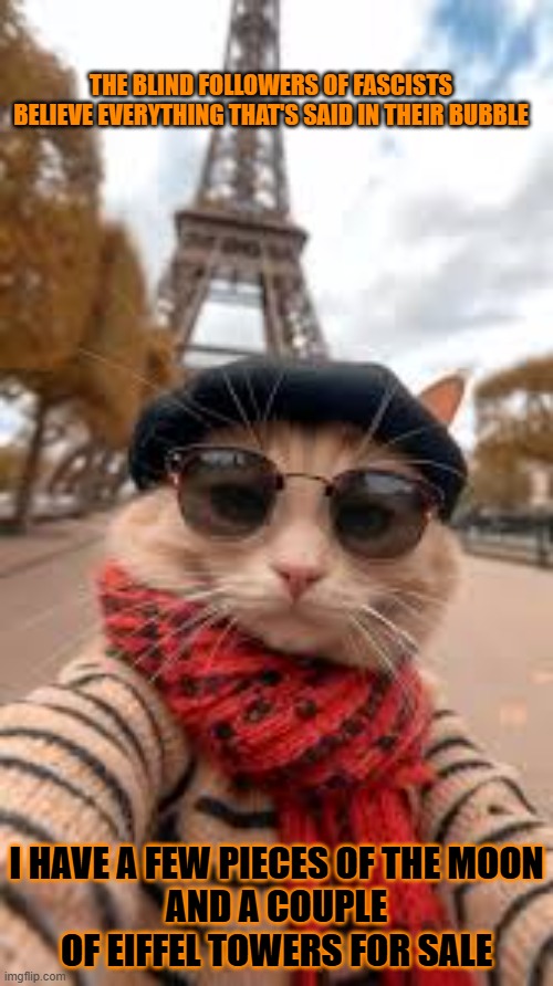 This #lolcat wonders why right wing hoo-mens are so gullible | THE BLIND FOLLOWERS OF FASCISTS BELIEVE EVERYTHING THAT'S SAID IN THEIR BUBBLE; I HAVE A FEW PIECES OF THE MOON
AND A COUPLE OF EIFFEL TOWERS FOR SALE | image tagged in right wing,stupid people,lolcat,gullible,moon,eiffel tower | made w/ Imgflip meme maker
