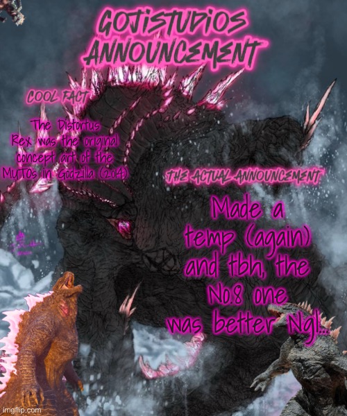 Shigma | The Distortus Rex was the original concept art of the MUTOs in Godzilla (2014); Made a temp (again) and tbh, the No.8 one was better Ngl… | image tagged in gojistudios announcement 5 0 | made w/ Imgflip meme maker