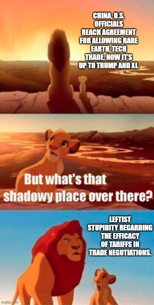 B-B-But according to HOWLING leftists, tariffs don't work -- aside from nations holding them against the U.S. | CHINA, U.S. OFFICIALS REACH AGREEMENT FOR ALLOWING RARE EARTH, TECH TRADE. NOW IT’S UP TO TRUMP AND XI. LEFTIST STUPIDITY REGARDING THE EFFICACY OF TARIFFS IN TRADE NEGOTIATIONS. | image tagged in simba shadowy place | made w/ Imgflip meme maker