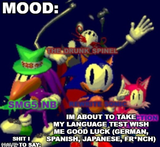 RewriteSonic triple trouble temp | IM ABOUT TO TAKE MY LANGUAGE TEST WISH ME GOOD LUCK (GERMAN, SPANISH, JAPANESE, FR*NCH) | image tagged in rewrite spinel smg5_nb interaction system temp | made w/ Imgflip meme maker