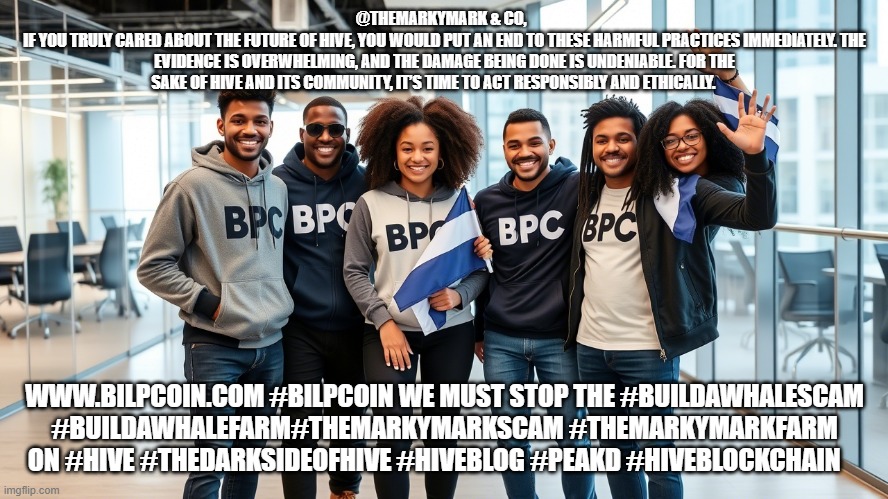 @THEMARKYMARK & CO,  
IF YOU TRULY CARED ABOUT THE FUTURE OF HIVE, YOU WOULD PUT AN END TO THESE HARMFUL PRACTICES IMMEDIATELY. THE EVIDENCE IS OVERWHELMING, AND THE DAMAGE BEING DONE IS UNDENIABLE. FOR THE SAKE OF HIVE AND ITS COMMUNITY, IT’S TIME TO ACT RESPONSIBLY AND ETHICALLY. WWW.BILPCOIN.COM #BILPCOIN WE MUST STOP THE #BUILDAWHALESCAM #BUILDAWHALEFARM#THEMARKYMARKSCAM #THEMARKYMARKFARM ON #HIVE #THEDARKSIDEOFHIVE #HIVEBLOG #PEAKD #HIVEBLOCKCHAIN | made w/ Imgflip meme maker
