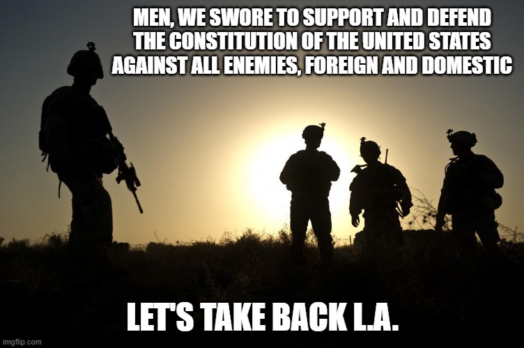 Time to introduce the Alpha males | MEN, WE SWORE TO SUPPORT AND DEFEND THE CONSTITUTION OF THE UNITED STATES AGAINST ALL ENEMIES, FOREIGN AND DOMESTIC; LET'S TAKE BACK L.A. | image tagged in soldiers at dusk,alpha male,democrat war on america,illegal immigration,defend freedom,make america safe again | made w/ Imgflip meme maker