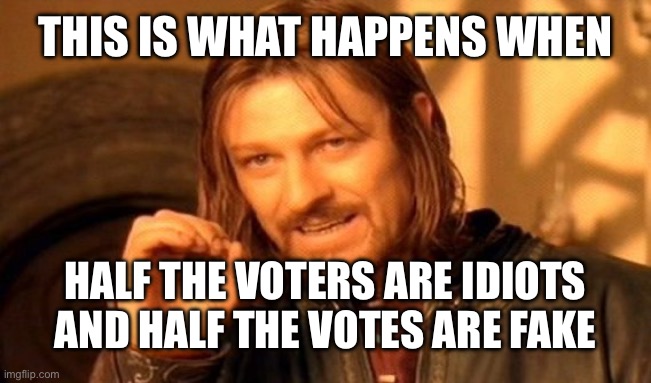 One Does Not Simply Meme | THIS IS WHAT HAPPENS WHEN HALF THE VOTERS ARE IDIOTS AND HALF THE VOTES ARE FAKE | image tagged in memes,one does not simply | made w/ Imgflip meme maker