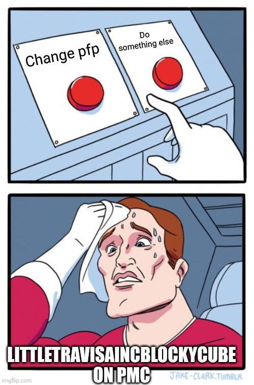 pmc | Do something else; Change pfp; LITTLETRAVISAINCBLOCKYCUBE ON PMC | image tagged in memes,two buttons | made w/ Imgflip meme maker