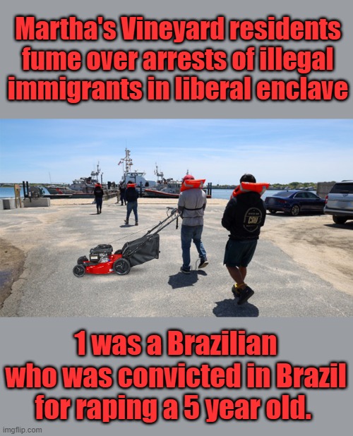 Martha's Vineyard residents fume over arrests of illegal immigrants in liberal enclave; 1 was a Brazilian who was convicted in Brazil for raping a 5 year old. | made w/ Imgflip meme maker