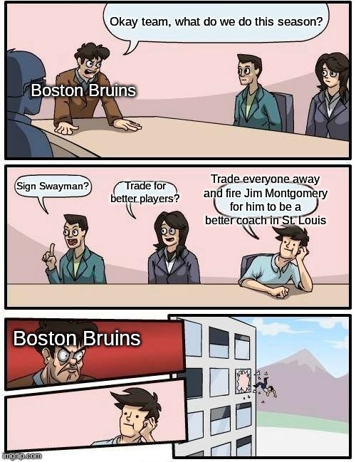 NHL Meme | Okay team, what do we do this season? Boston Bruins; Trade everyone away and fire Jim Montgomery for him to be a better coach in St. Louis; Sign Swayman? Trade for better players? Boston Bruins | image tagged in memes,boardroom meeting suggestion | made w/ Imgflip meme maker