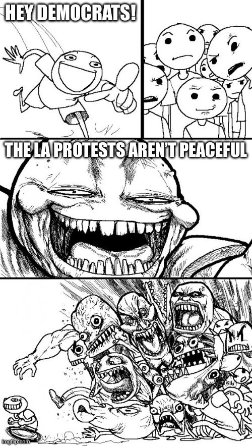 La riots | HEY DEMOCRATS! THE LA PROTESTS AREN’T PEACEFUL | image tagged in memes,hey internet | made w/ Imgflip meme maker