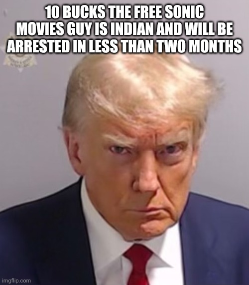 Donald Trump Mugshot | 10 BUCKS THE FREE SONIC MOVIES GUY IS INDIAN AND WILL BE ARRESTED IN LESS THAN TWO MONTHS | image tagged in donald trump mugshot | made w/ Imgflip meme maker
