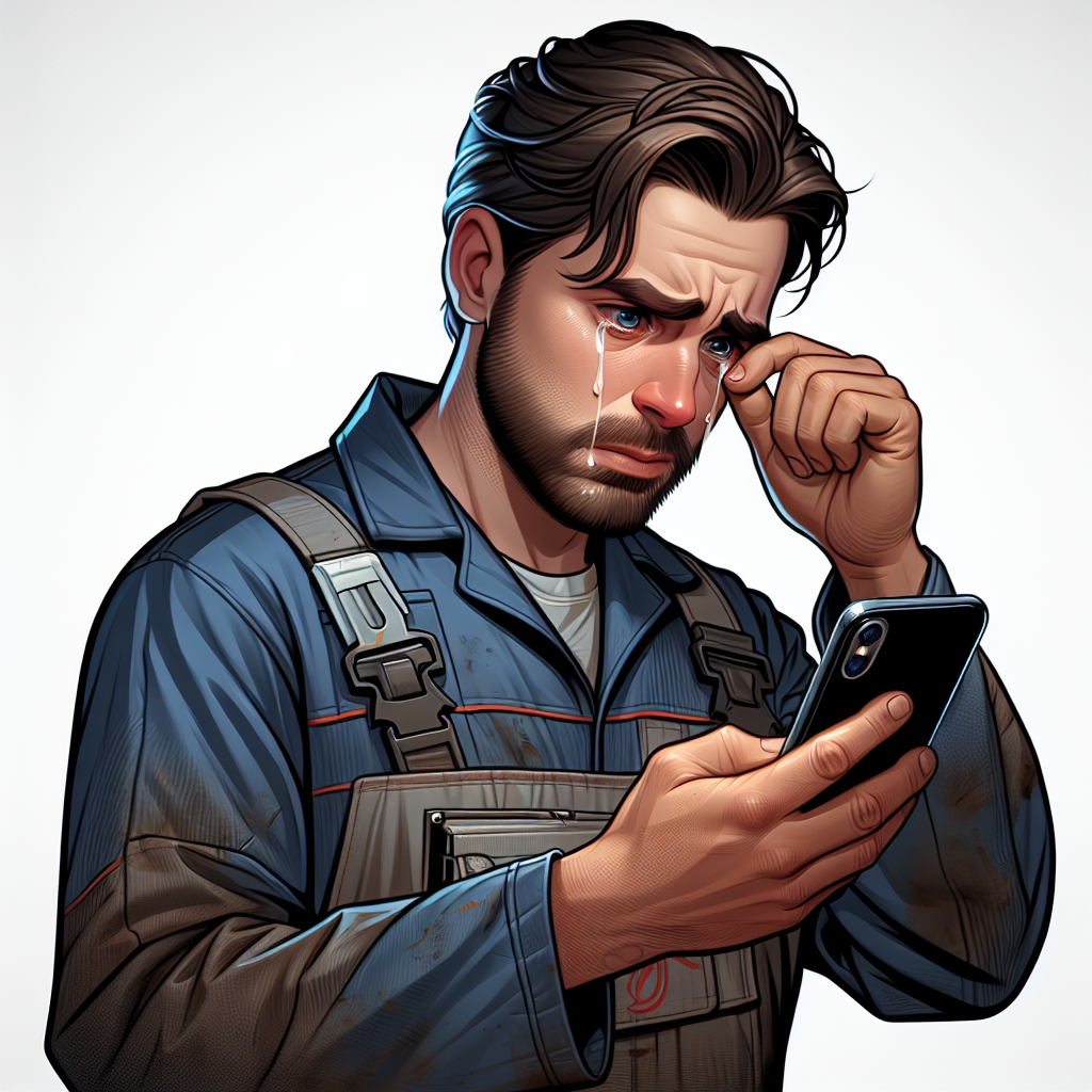 a sad plumber dressed for work, the jumpsuit is dirty,he is cryi Blank Meme Template