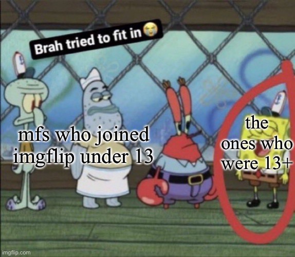 brah tried to fit in | the ones who were 13+; mfs who joined imgflip under 13 | image tagged in brah tried to fit in | made w/ Imgflip meme maker