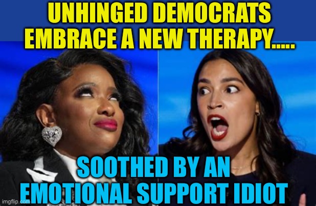 New Therapy for TDS | UNHINGED DEMOCRATS EMBRACE A NEW THERAPY….. SOOTHED BY AN EMOTIONAL SUPPORT IDIOT | image tagged in jasmine and aoc,democrat,clueless,idiots,aoc | made w/ Imgflip meme maker