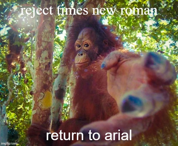 return to arial | reject times new roman; return to arial | image tagged in return to monke | made w/ Imgflip meme maker