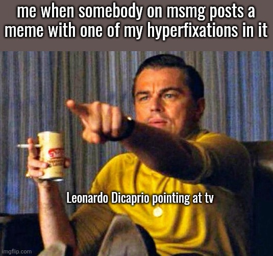 Leonardo Dicaprio pointing at tv | me when somebody on msmg posts a meme with one of my hyperfixations in it; Leonardo Dicaprio pointing at tv | image tagged in leonardo dicaprio pointing at tv | made w/ Imgflip meme maker
