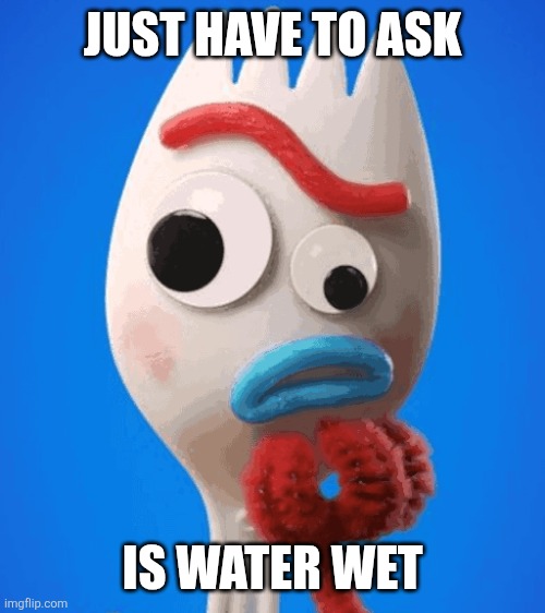 Forky Asks a Question | JUST HAVE TO ASK; IS WATER WET | image tagged in forky asks a question | made w/ Imgflip meme maker