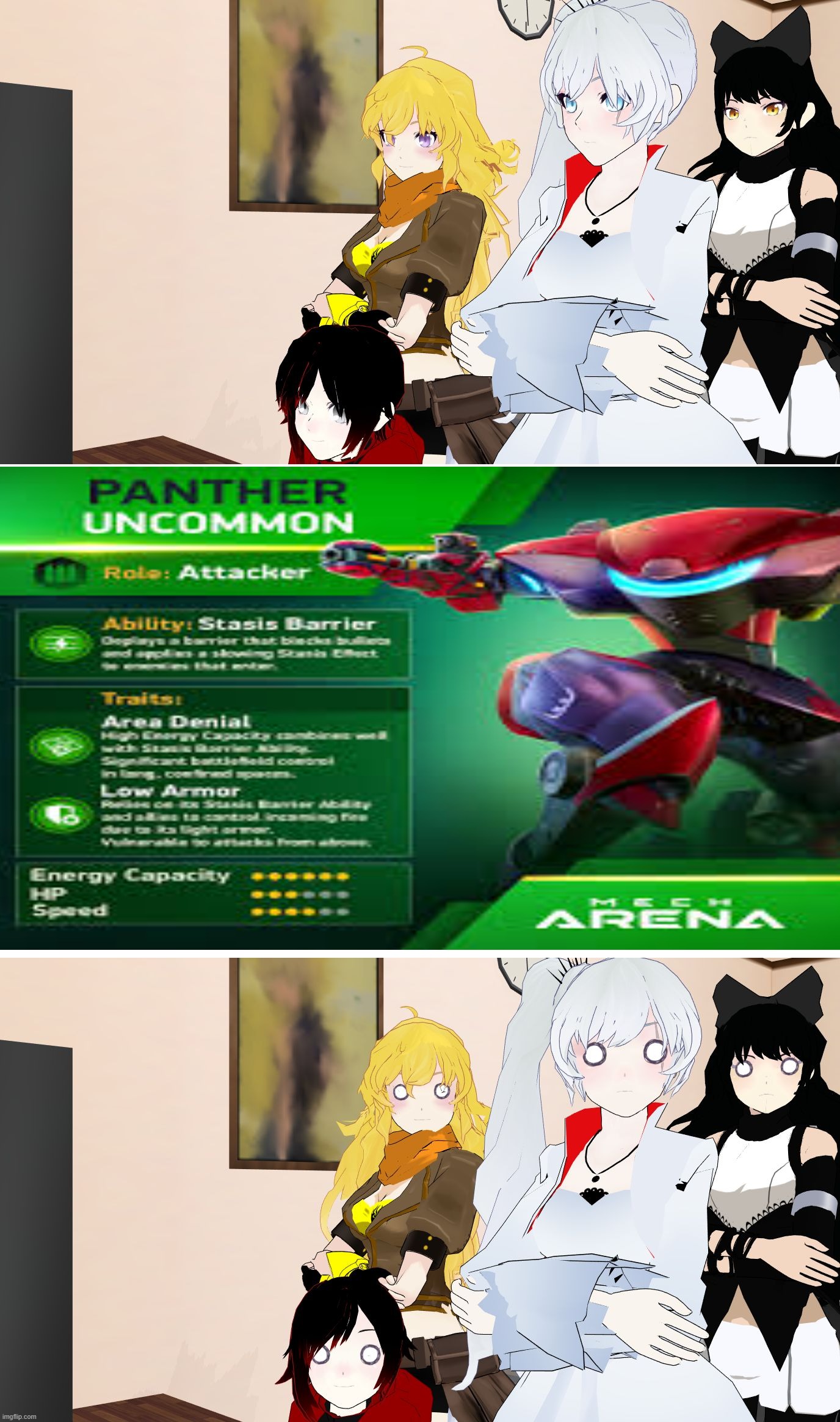 POV: You accidentally insert a character from the another universe, that is a leader from the another team., an ally one Result? | image tagged in rwby reaction,mech arena | made w/ Imgflip meme maker