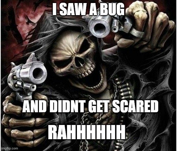 Badass Skeleton | I SAW A BUG; AND DIDNT GET SCARED; RAHHHHHH | image tagged in badass skeleton | made w/ Imgflip meme maker