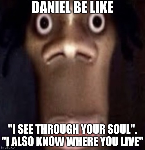 Quandale dingle | DANIEL BE LIKE; "I SEE THROUGH YOUR SOUL". "I ALSO KNOW WHERE YOU LIVE" | image tagged in quandale dingle | made w/ Imgflip meme maker