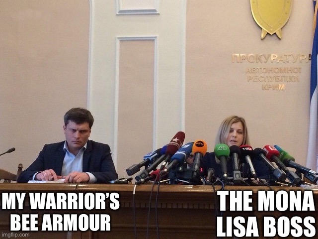 Context in comments. | THE MONA LISA BOSS; MY WARRIOR’S BEE ARMOUR | image tagged in reporter meme,miitopia,wth,not again,ptsd,internal screaming | made w/ Imgflip meme maker