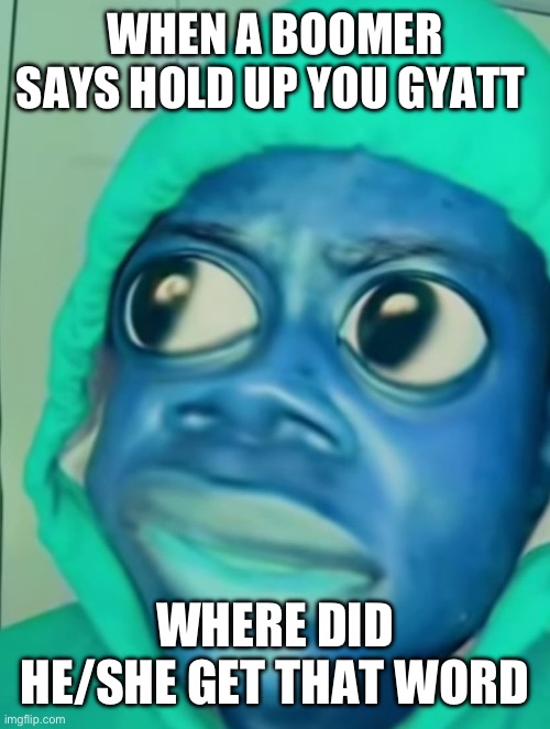 Grandparents learning | WHEN A BOOMER SAYS HOLD UP YOU GYATT; WHERE DID HE/SHE GET THAT WORD | image tagged in onevillage shocked | made w/ Imgflip meme maker
