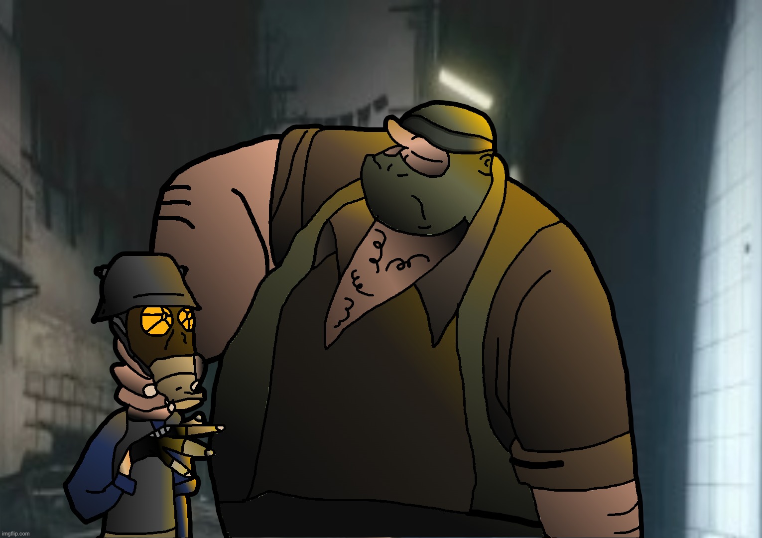 "Okay. Big guy. Nice hairy forearms, seriously impressive. but could ya let me go? your kill'n my back" | image tagged in timezone,cartoon,art,artwork,game,funny | made w/ Imgflip meme maker