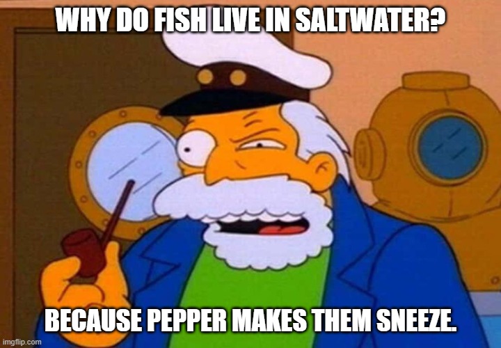Daily Bad Dad Joke June 11, 2025 | WHY DO FISH LIVE IN SALTWATER? BECAUSE PEPPER MAKES THEM SNEEZE. | image tagged in me white whale | made w/ Imgflip meme maker