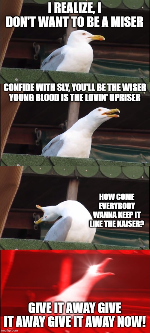 Give It Away | I REALIZE, I DON'T WANT TO BE A MISER; CONFIDE WITH SLY, YOU'LL BE THE WISER
YOUNG BLOOD IS THE LOVIN' UPRISER; HOW COME EVERYBODY WANNA KEEP IT LIKE THE KAISER? GIVE IT AWAY GIVE IT AWAY GIVE IT AWAY NOW! | image tagged in memes,inhaling seagull | made w/ Imgflip meme maker