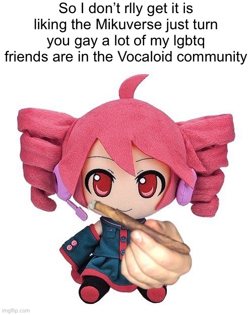 Before y’all flame me I am Bi and also in the fandom | So I don’t rlly get it is liking the Mikuverse just turn you gay a lot of my lgbtq friends are in the Vocaloid community | made w/ Imgflip meme maker