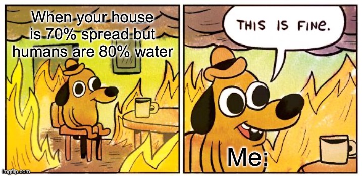 pretend the dog is a human okey? | When your house is 70% spread but humans are 80% water; Me: | image tagged in memes,this is fine,funny | made w/ Imgflip meme maker