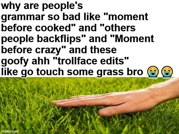 i cant escape the brainrot anymore | why are people's grammar so bad like "moment before cooked" and "others people backflips" and "Moment before crazy" and these goofy ahh "trollface edits" like go touch some grass bro 😭😭 | image tagged in blank white template | made w/ Imgflip meme maker