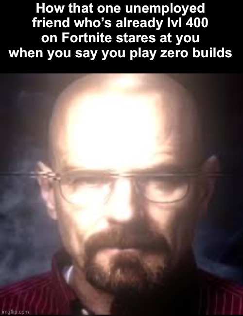 How that one unemployed friend who’s already lvl 400 on Fortnite stares at you when you say you play zero builds | made w/ Imgflip meme maker