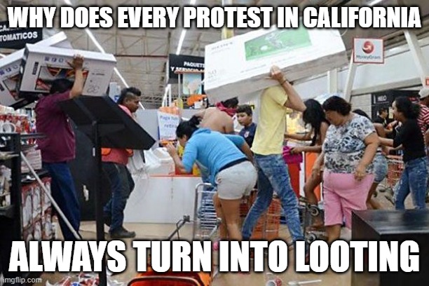 Looters | WHY DOES EVERY PROTEST IN CALIFORNIA; ALWAYS TURN INTO LOOTING | image tagged in looters | made w/ Imgflip meme maker